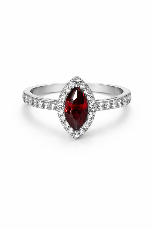 Anillo de Plata .925 - Halo Marquesa con Hombros de Pavé y Zircón Rojo Granate en Corte Marquesa