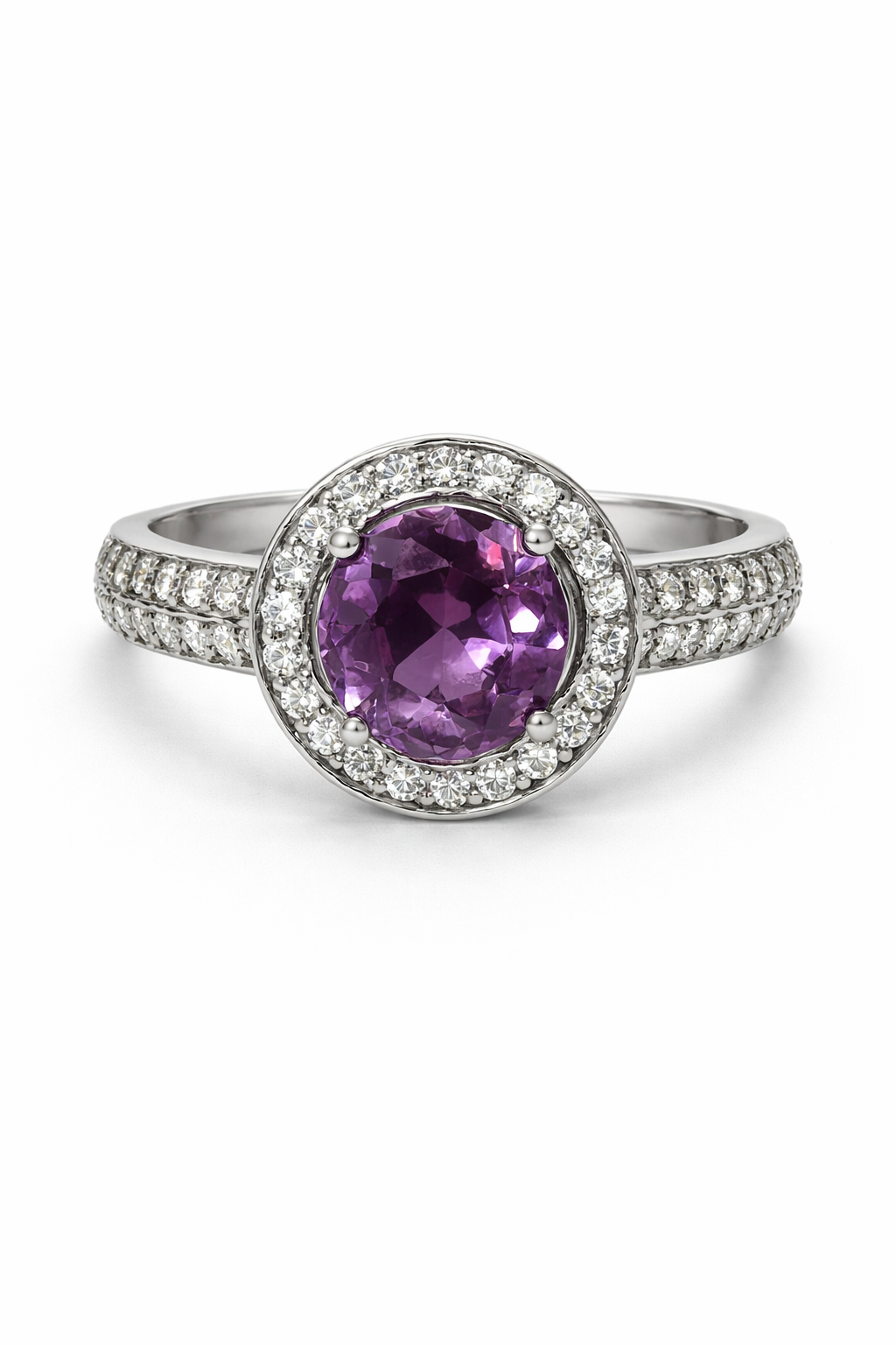 Anillo de Plata .925 - Halo Redondo Doble Pavé de Lujo con Zircón Violeta Amatista en Corte Brillante