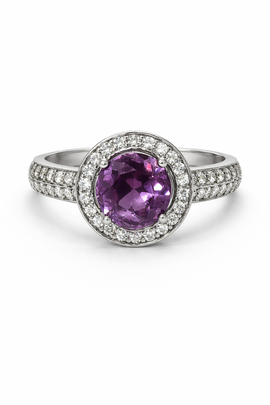 Anillo de Plata .925 - Halo Redondo Doble Pavé de Lujo con Zircón Violeta Amatista en Corte Brillante