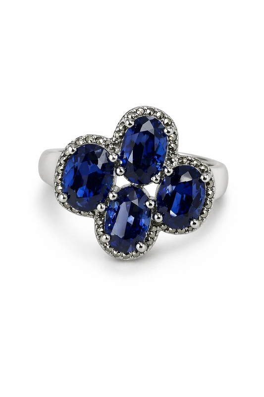Anillo de Plata .925 - Flor de Cuatro Pétalos Ovalados Azul Zafiro con Borde de Marcasitas — Vintage Art Déco