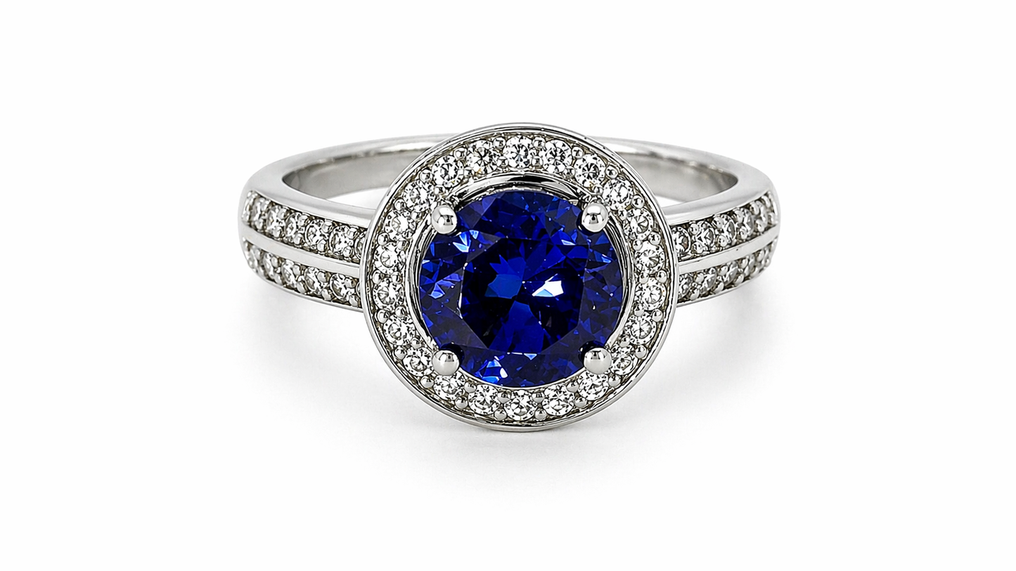 Anillo de Plata .925 - Halo Redondo Doble Pavé de Lujo con Banda Dividida y Zircón Azul Zafiro Real