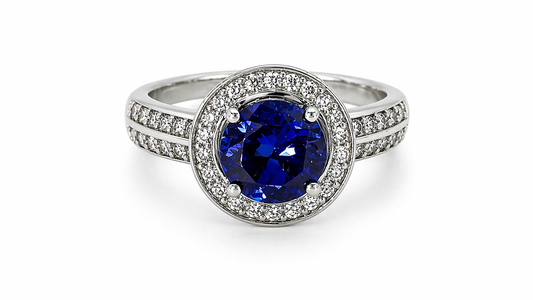 Anillo de Plata .925 - Halo Redondo Doble Pavé de Lujo con Banda Dividida y Zircón Azul Zafiro Real