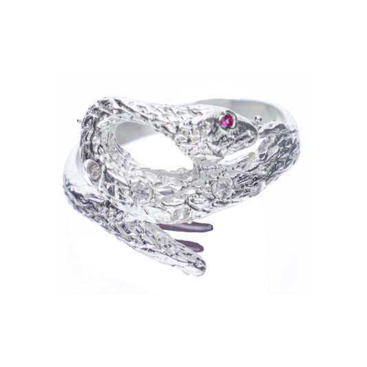 Anillo Plata .925 con Diseño de Serpiente con Ojos de Rubí y Cristales Premium 3.6 Gramos - Joyería Elegancia Anillo Serpiente Rubí Suprema