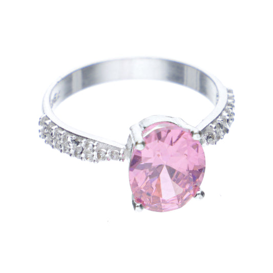 Anillo Plata .925 Dije Piedra Rosa Banda Blanca - Premium 3.4g