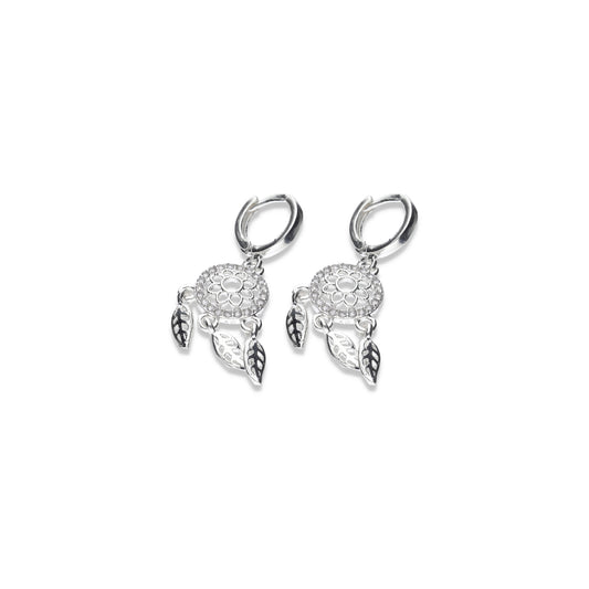 Huggies de Plata .925 con Dije Diseño Floral con Cristales Premium 4.0 Gramos - Joyería Belleza Floral Colgante Suprema