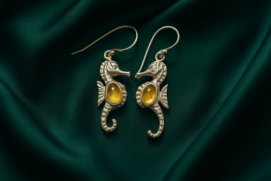 Aretes Caballito de Mar en Plata 925 con Ámbar - Mayoreo Disponible