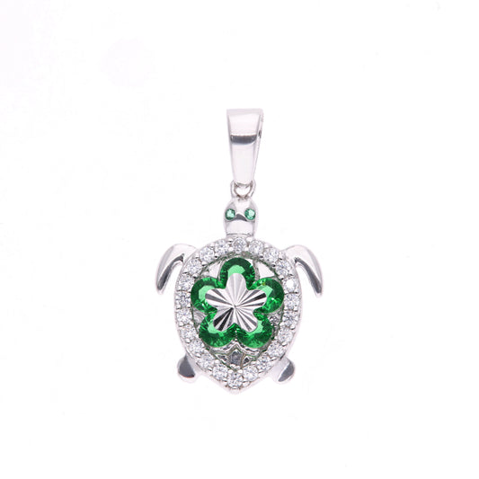 DIJE EN PLATA LEY .925, CON RODIO , ZIRCONIA AAA VERDE ESMERALDA Y BLANCO, TORTUGA, AJUSTABLE