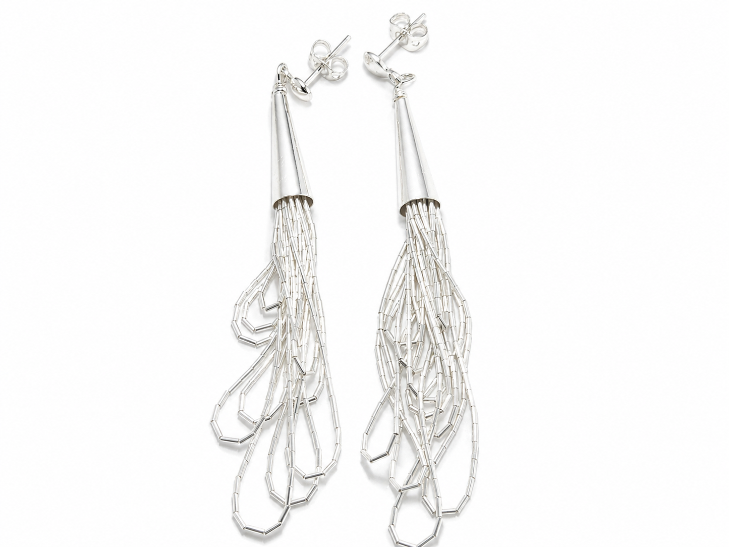 Aretes de Plata .925 - Colgantes Largos Multihilo Cascada Libre con Terminal Cónico Largo Liso — Artesanía Taxco