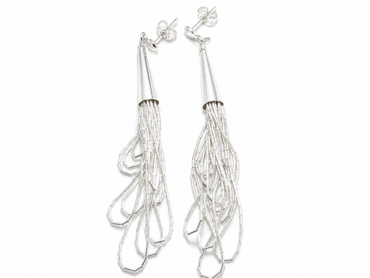 Aretes de Plata .925 - Colgantes Largos Multihilo Cascada Libre con Terminal Cónico Largo Liso — Artesanía Taxco