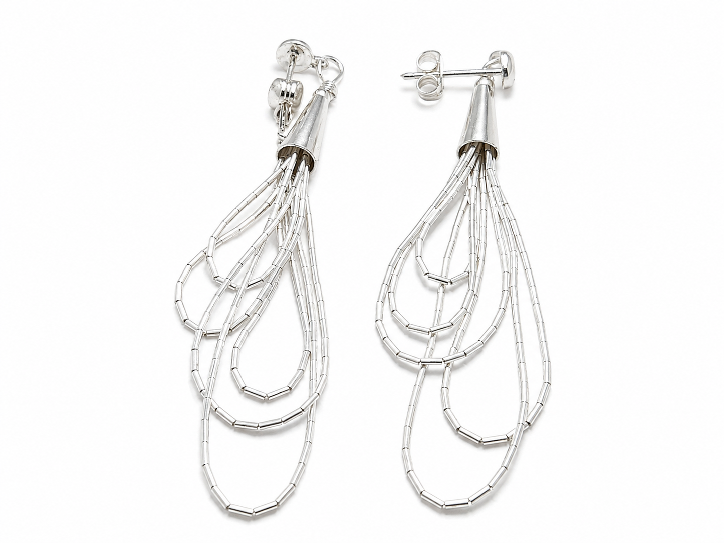 Aretes de Plata .925 - Colgantes Multihilo Cinco Gotas Escalonadas en Cascada con Cadena de Tubo Hexagonal Facetado y Terminal Cónico — Artesanía Taxco