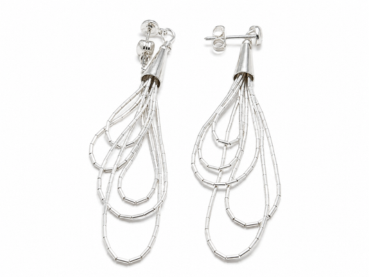 Aretes de Plata .925 - Colgantes Multihilo Cinco Gotas Escalonadas en Cascada con Cadena de Tubo Hexagonal Facetado y Terminal Cónico — Artesanía Taxco