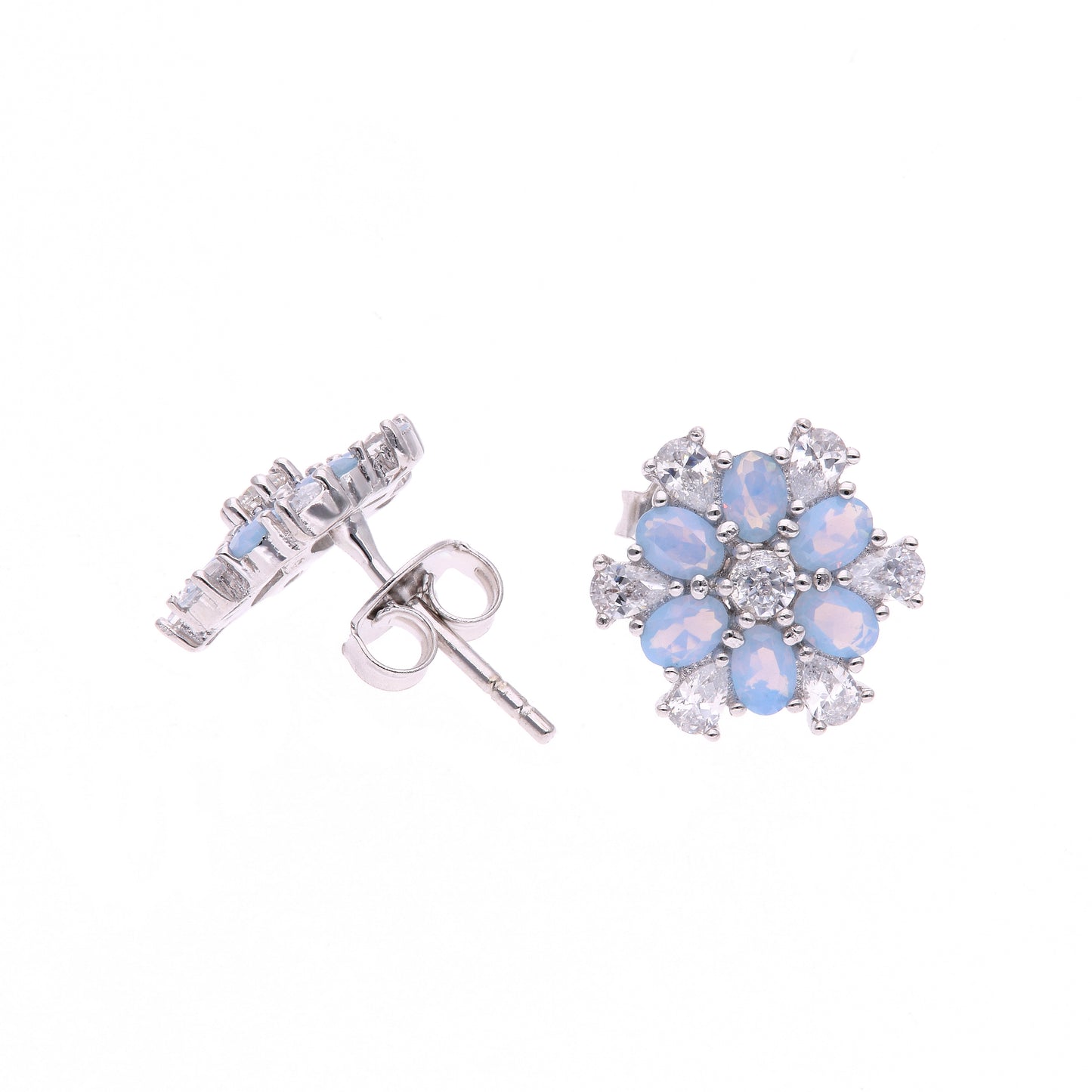 BROQUEL EN PLATA LEY .925, CON RODIO , ZIRCONIA AAA Y OPALO AZUL CIELO