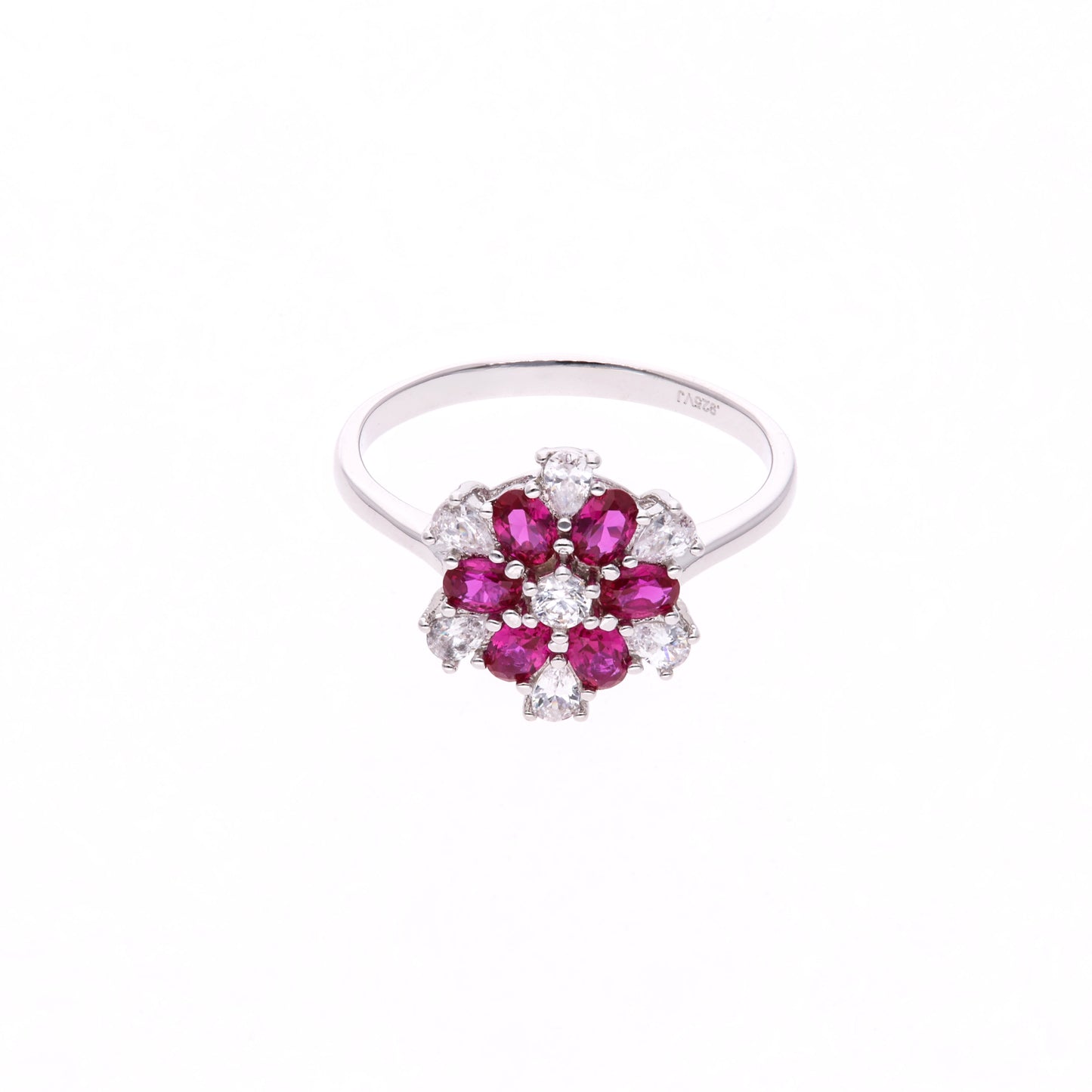 ANILLO EN PLATA LEY .925, CON RODIO , ZIRCONIA AAA ROJO RUBI Y BLANCO