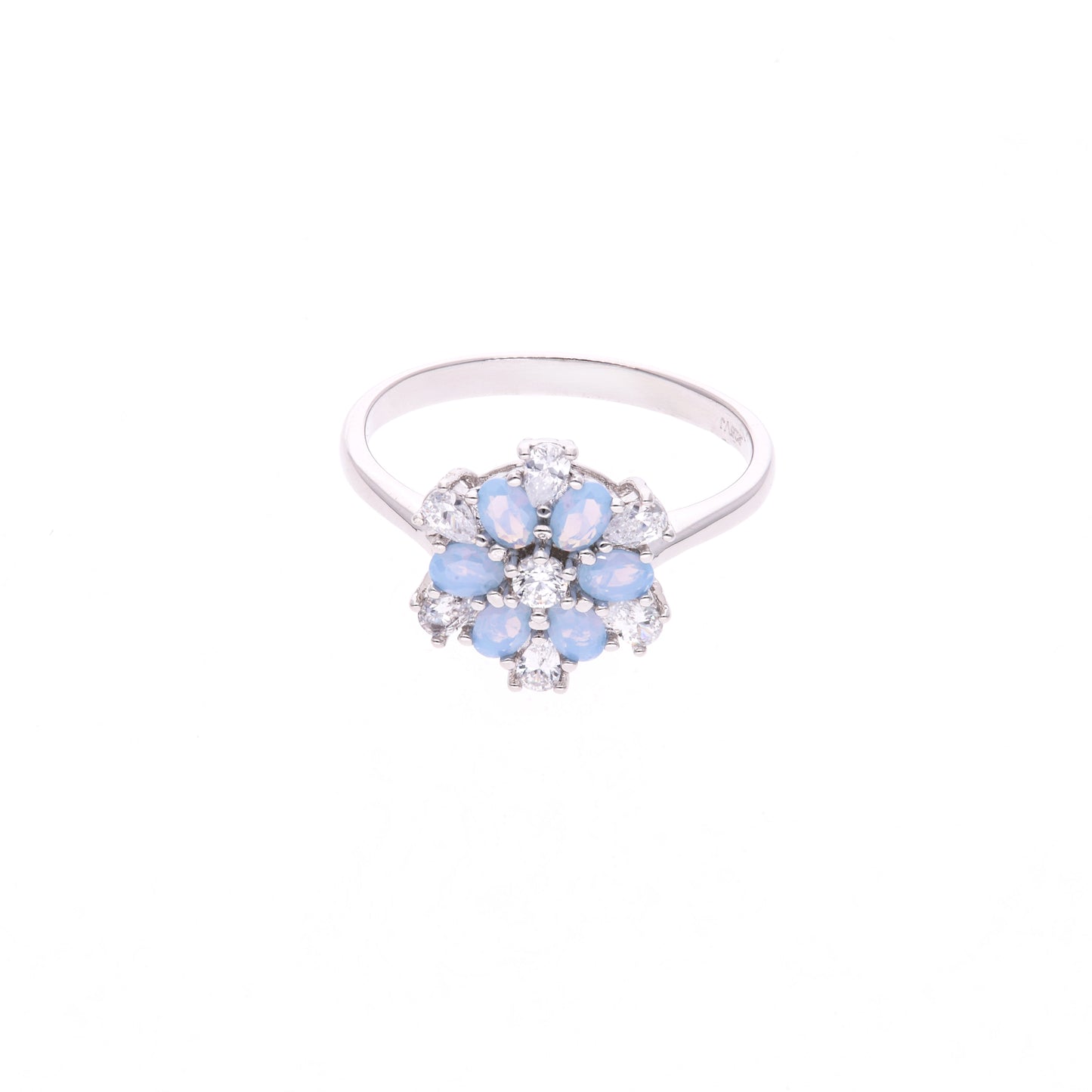 ANILLO EN PLATA LEY .925, CON RODIO , ZIRCONIA AAA Y OPALO AZUL CIELO