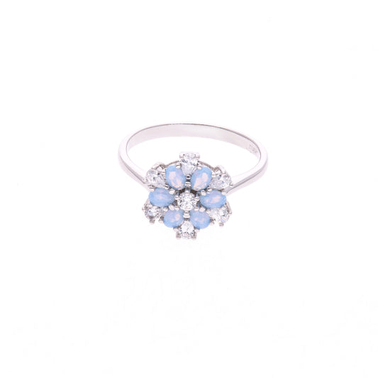 ANILLO EN PLATA LEY .925, CON RODIO , ZIRCONIA AAA Y OPALO AZUL CIELO