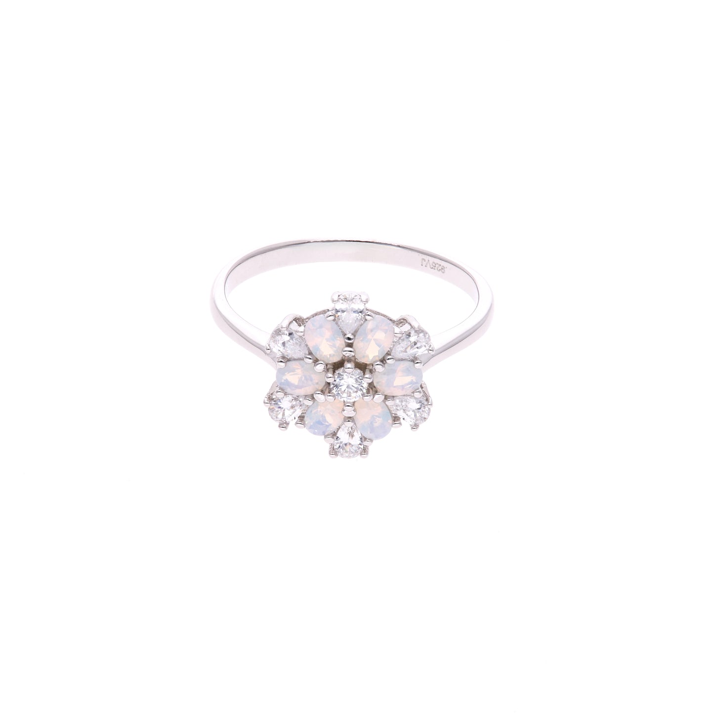 ANILLO EN PLATA LEY .925, CON RODIO , ZIRCONIA AAA Y OPALO BLANCO