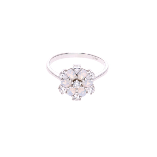 ANILLO EN PLATA LEY .925, CON RODIO , ZIRCONIA AAA Y OPALO BLANCO