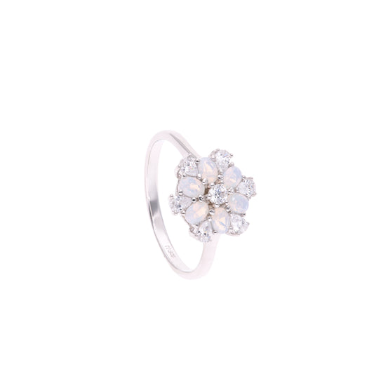 ANILLO EN PLATA LEY .925, CON RODIO , ZIRCONIA AAA Y OPALO BLANCO