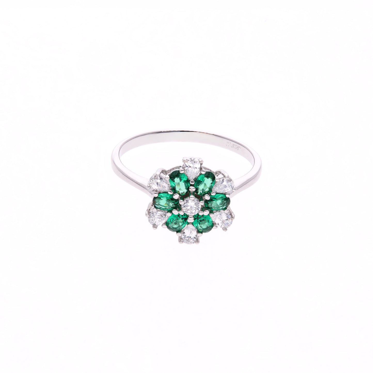 ANILLO EN PLATA LEY .925, CON RODIO , ZIRCONIA AAA VERDE ESMERALDA Y BLANCO