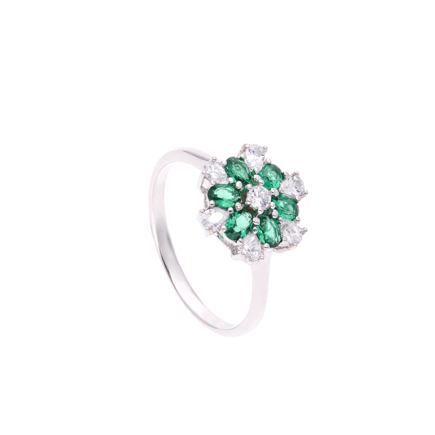 ANILLO EN PLATA LEY .925, CON RODIO , ZIRCONIA AAA VERDE ESMERALDA Y BLANCO