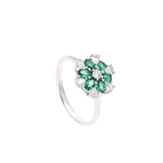 ANILLO EN PLATA LEY .925, CON RODIO , ZIRCONIA AAA VERDE ESMERALDA Y BLANCO