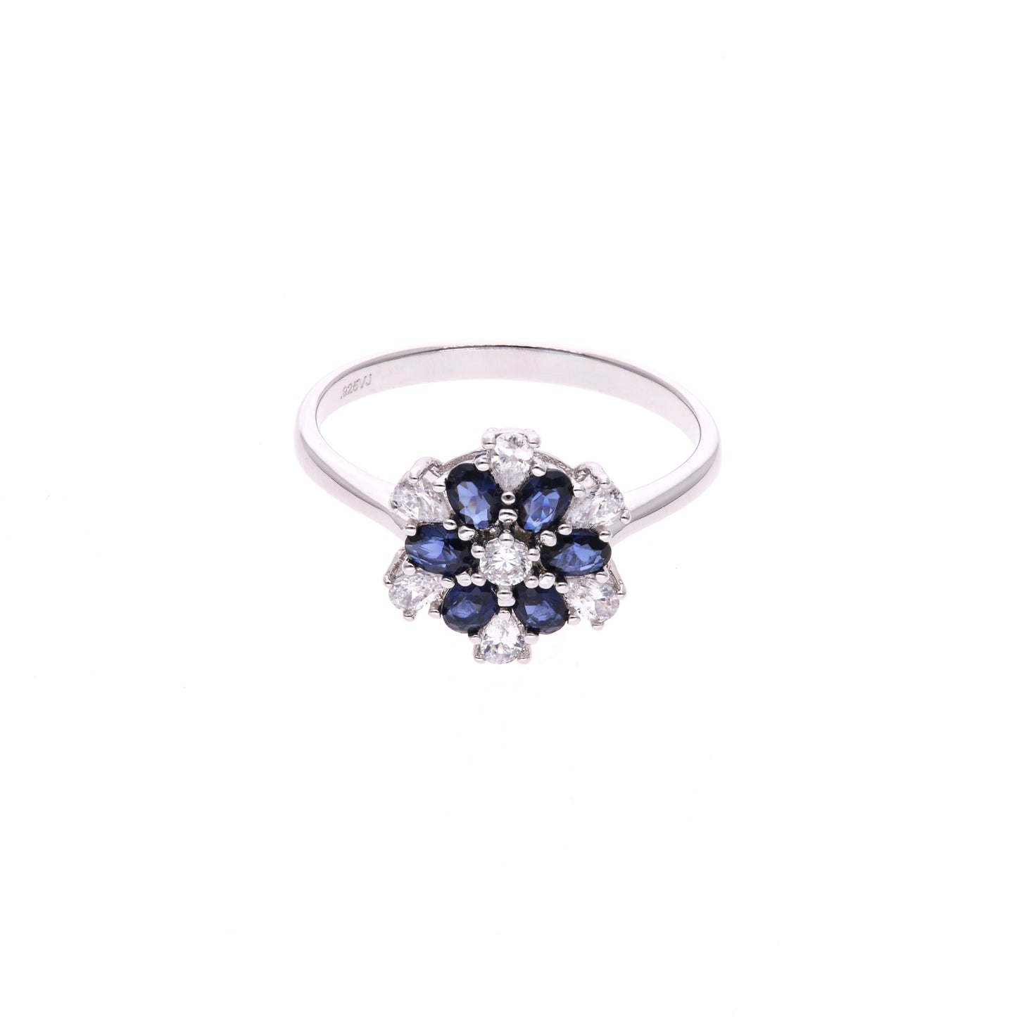ANILLO EN PLATA LEY .925, CON RODIO , ZIRCONIA AAA AZUL ZAFIRO Y BLANCO  , EN FORMA DE FLOR