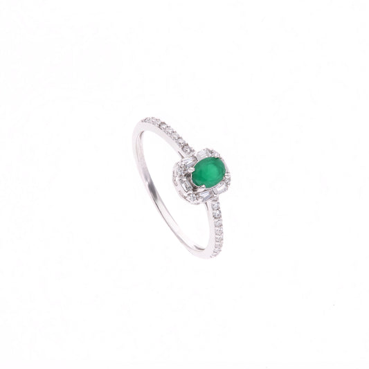ANILLO EN PLATA LEY .925, CON RODIO , ZIRCONIA AAA VERDE ESMERALDA Y BLANCO