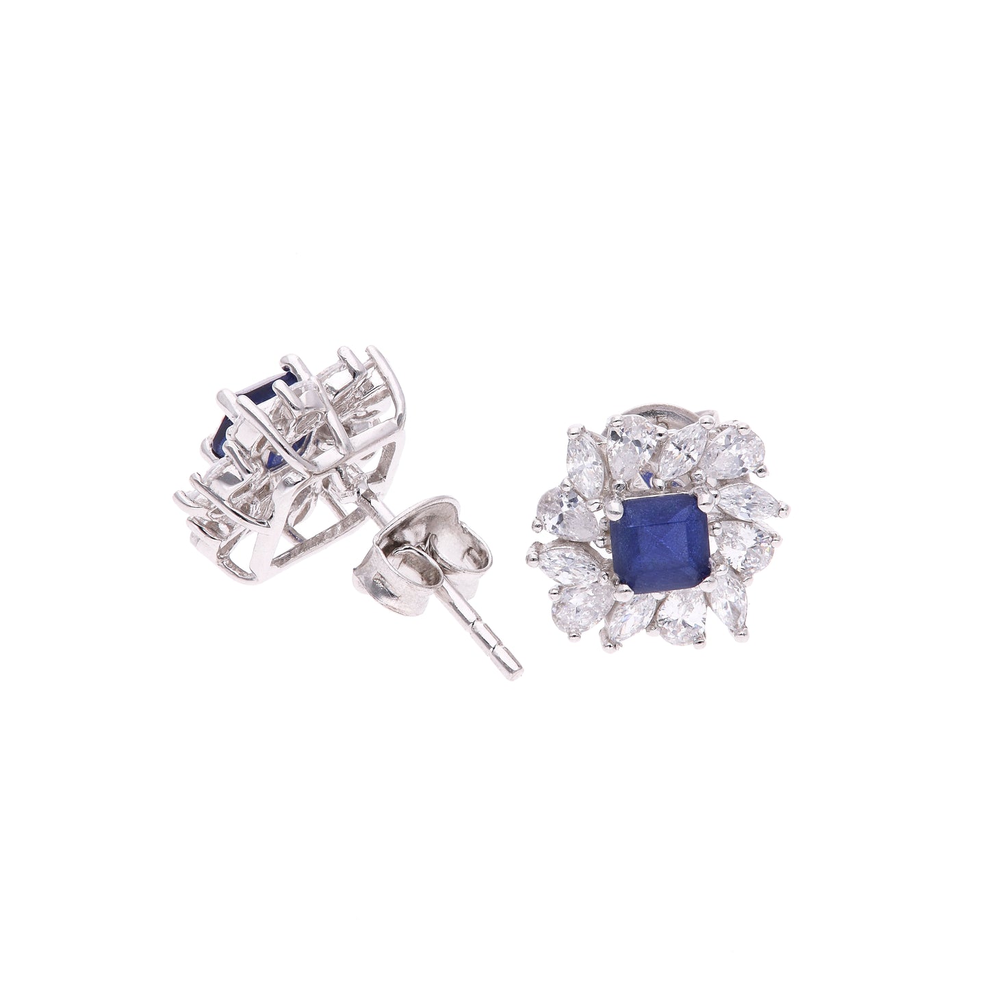 BROQUEL EN PLATA LEY .925, CON RODIO , ZIRCONIA AAA AZUL ZAFIRO Y BLANCO  , EN FORMA DE FLOR