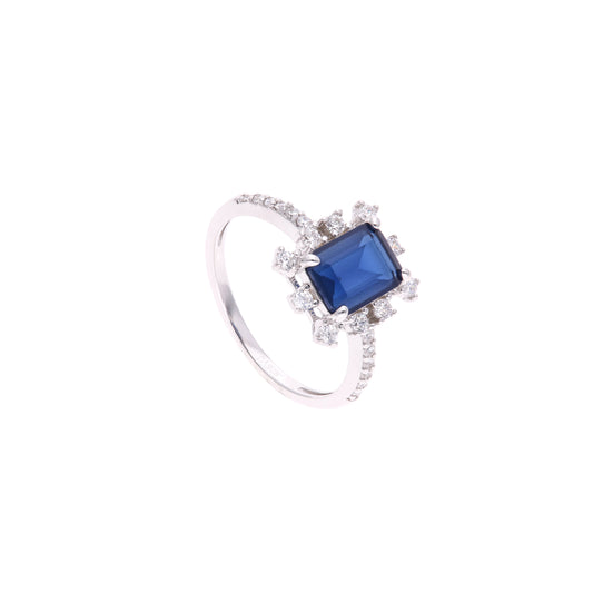 Anillo Plata Ley 925 con Rodio y Zirconia AAA Color Azul zafiro y blanco redondo