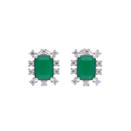 Broquel Plata Ley 925 con Rodio y Zirconia AAA Color Verde Esmeralda y Blanco Corte Rectangular