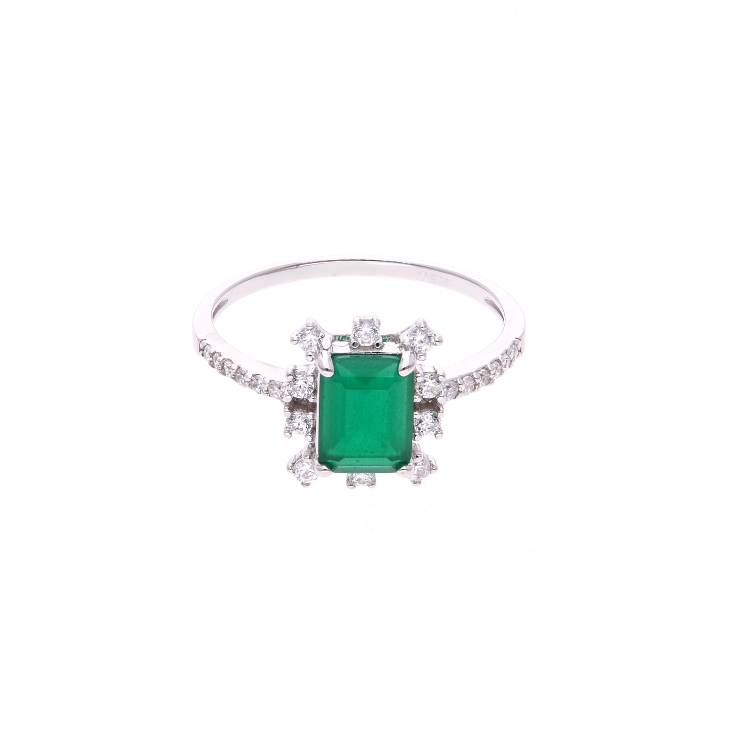 Anillo Plata Ley 925 con Rodio y Zirconia AAA Color Verde Esmeralda y Blanco Corte Rectangular