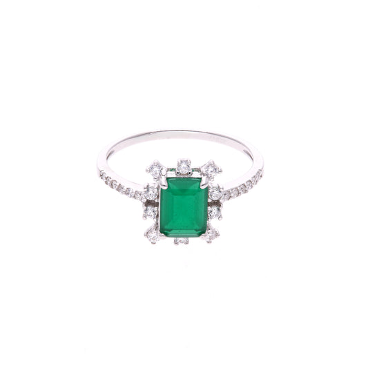 Anillo Plata Ley 925 con Rodio y Zirconia AAA Color Verde Esmeralda y Blanco Corte Rectangular
