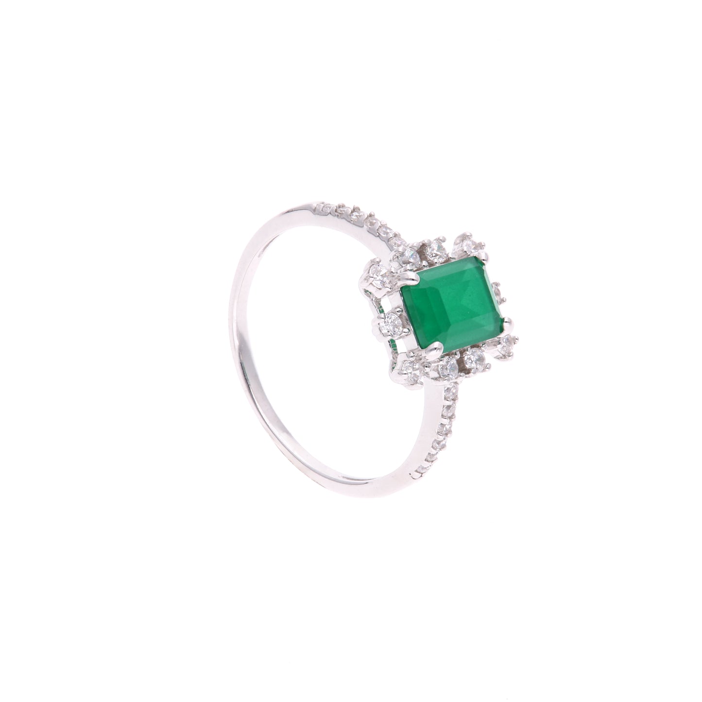 Anillo Plata Ley 925 con Rodio y Zirconia AAA Color Verde Esmeralda y Blanco Corte Rectangular