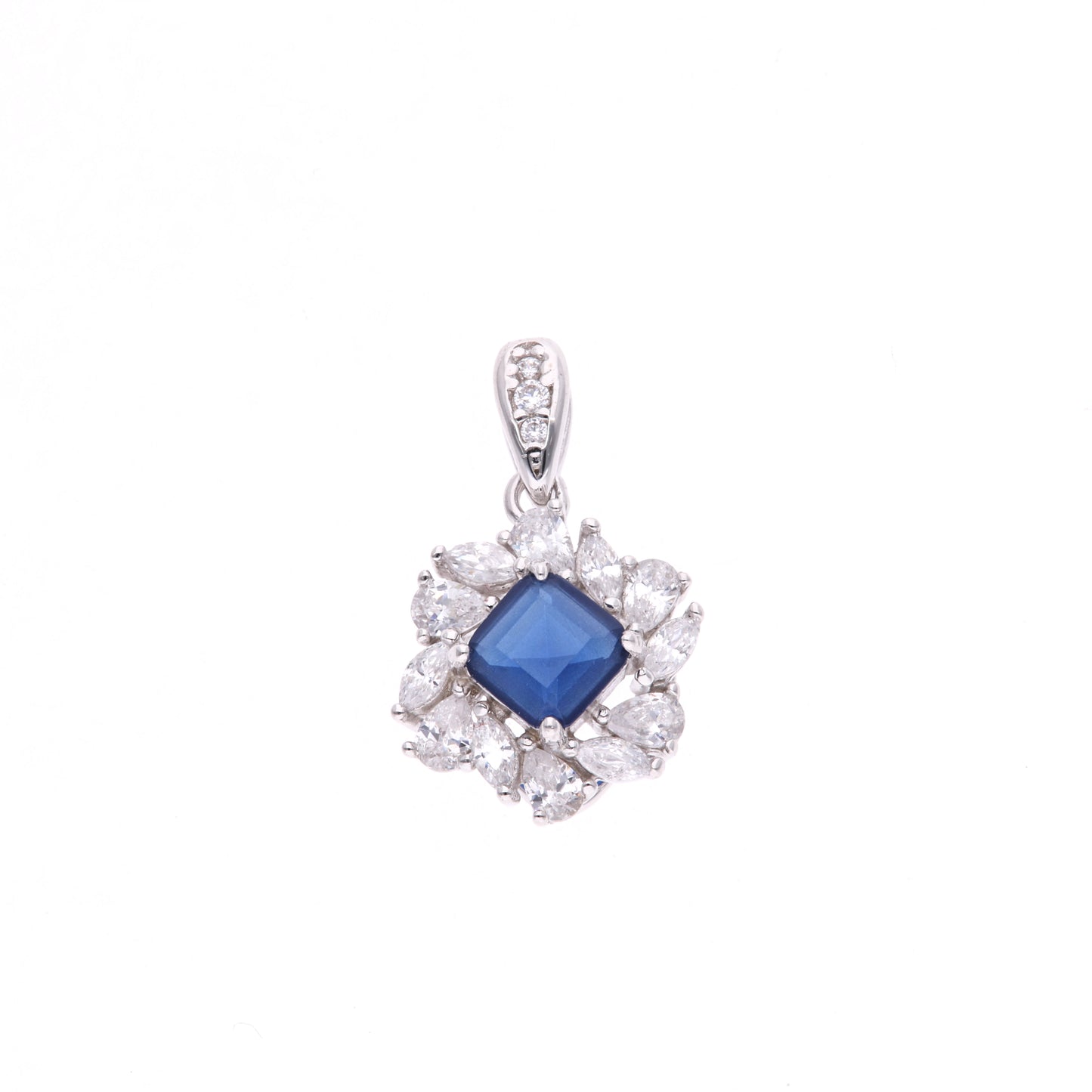 DIJE EN PLATA LEY .925, CON RODIO , ZIRCONIA AAA AZUL ZAFIRO Y BLANCO  , EN FORMA DE FLOR