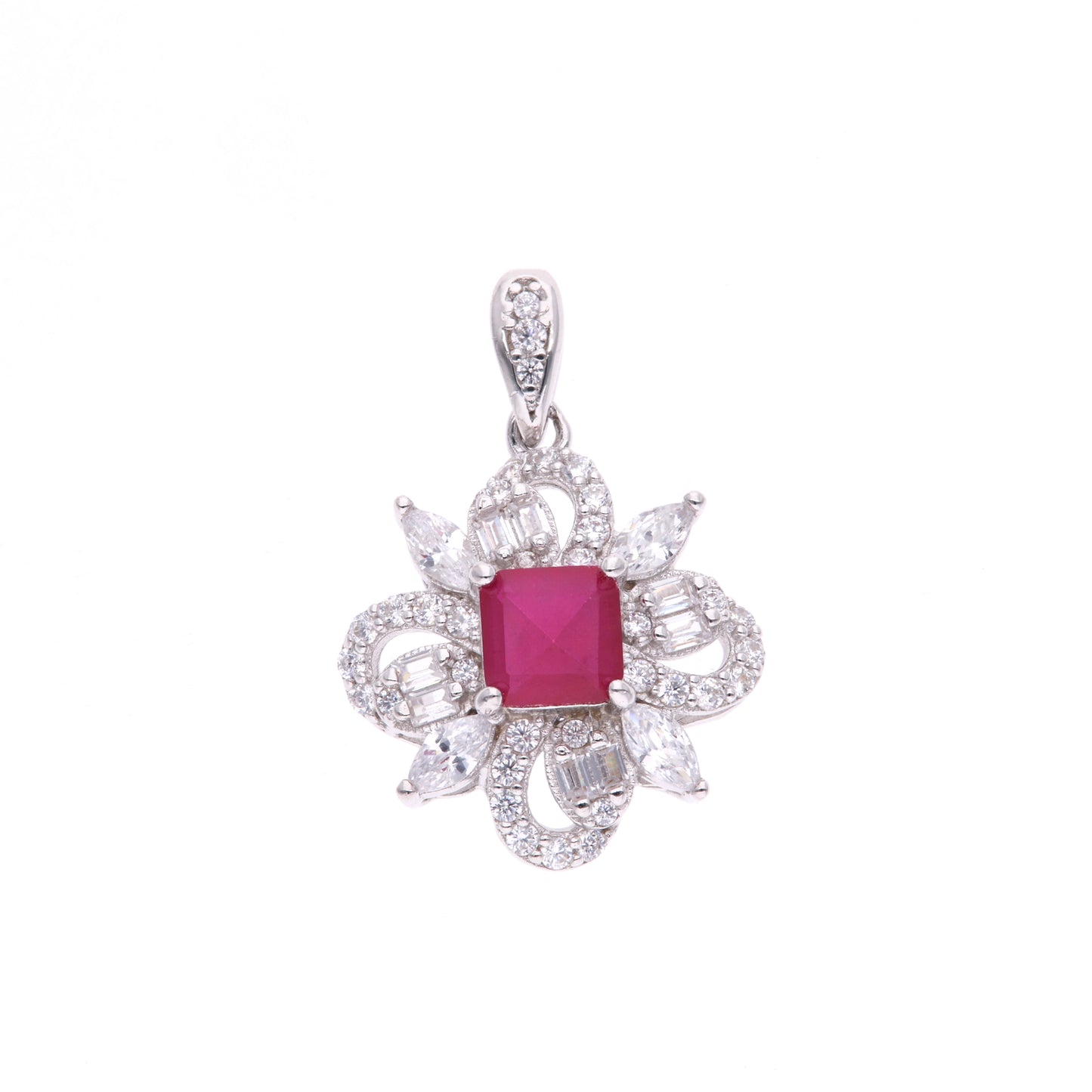 Dije Plata Ley 925 con Rodio y Zirconia AAA Color Rojo Rubí y Blanco