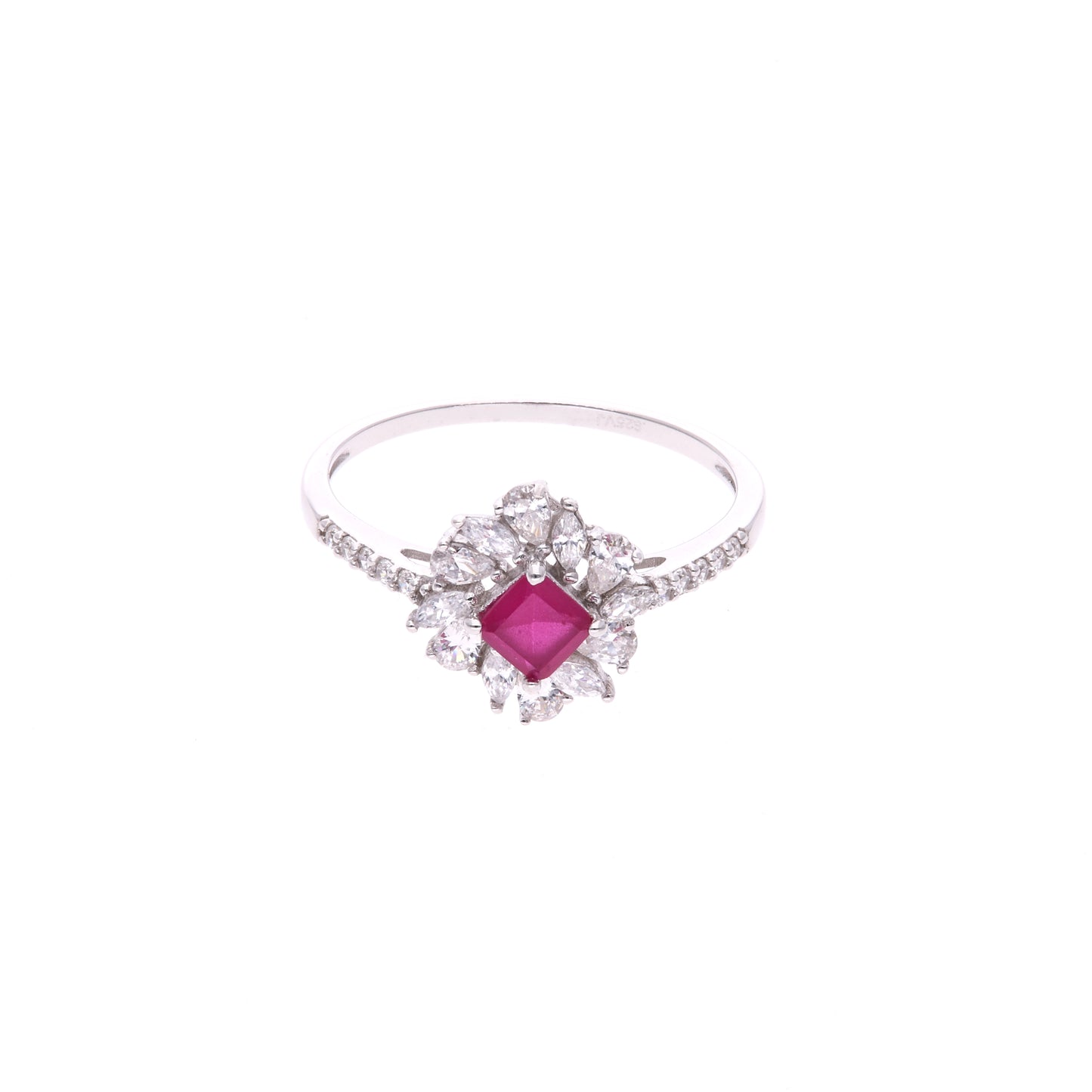 ANILLO  EN PLATA LEY .925, CON RODIO ,  ZIRCONIA  AAA  ROJO RUBI Y BLANCO