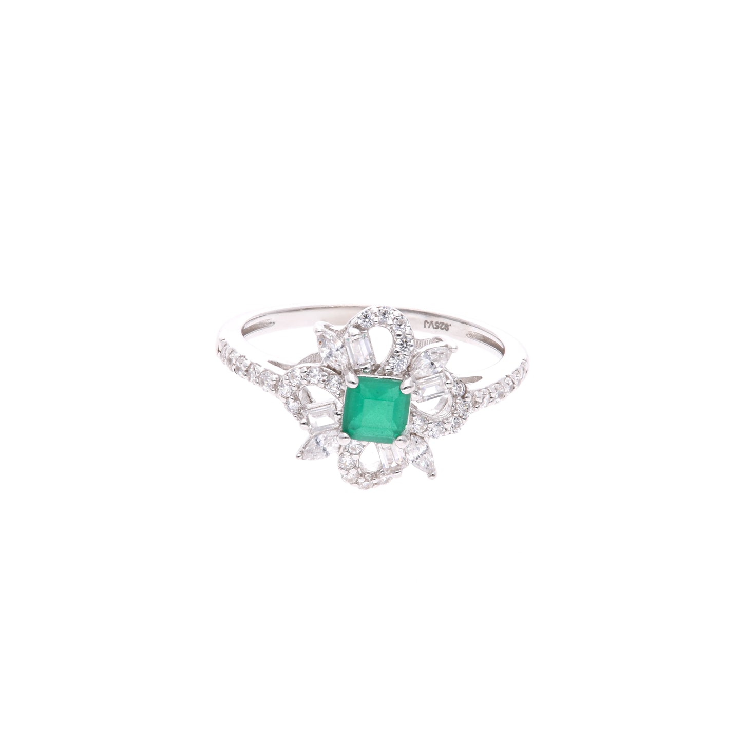 Anillo Plata Ley 925 con Rodio y Zirconia AAA Color Verde Esmeralda y Blanco