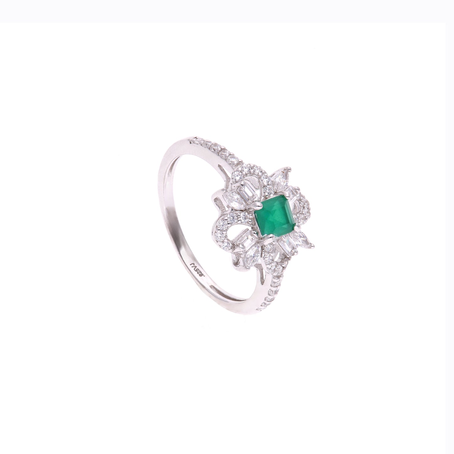 Anillo Plata Ley 925 con Rodio y Zirconia AAA Color Verde Esmeralda y Blanco