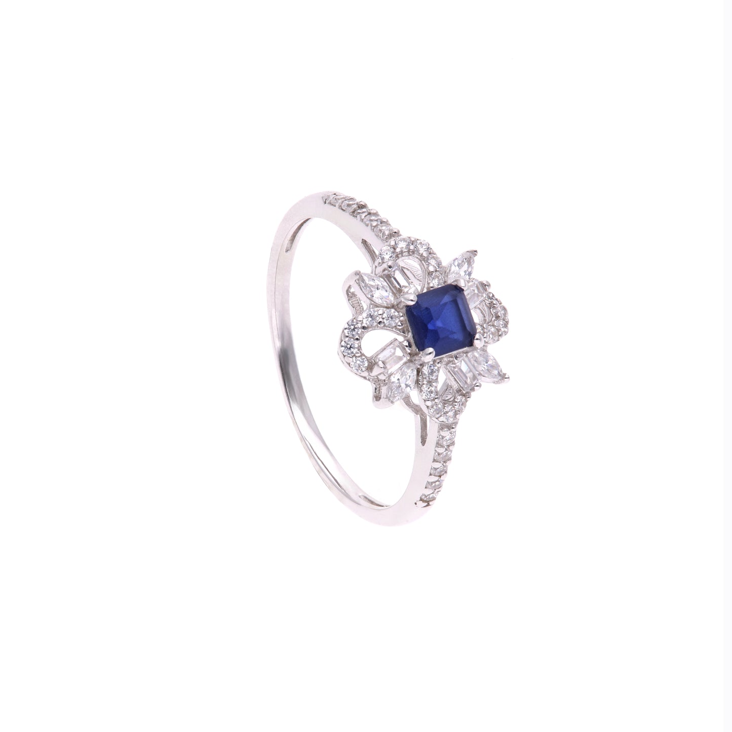 ANILLO  EN PLATA LEY .925, CON RODIO ,  ZIRCONIA  AAA  AZUL ZAFIRO Y BLANCO   , REDONDO