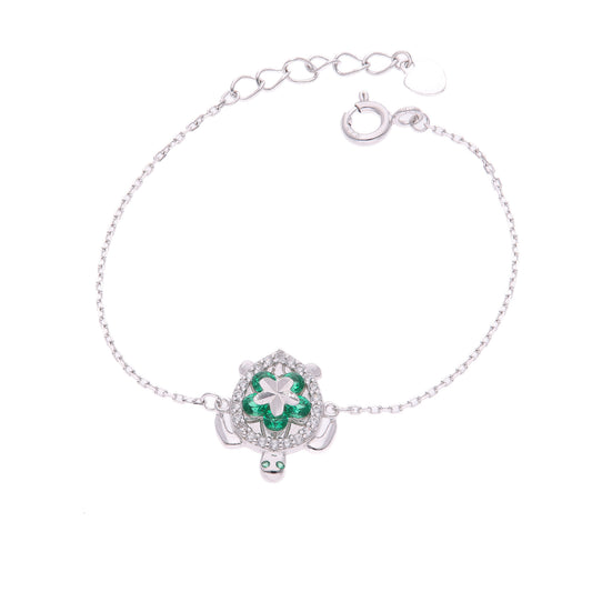 PULSERA EN PLATA LEY .925, CON RODIO , ZIRCONIA AAA VERDE ESMERALDA Y BLANCO, TORTUGA