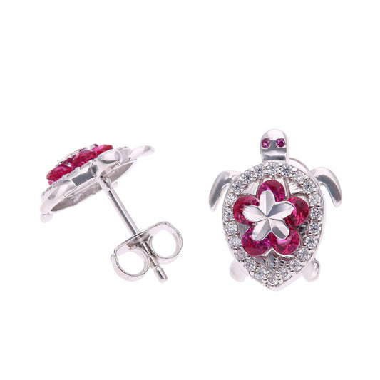 BROQUEL EN PLATA LEY .925, CON RODIO , ZIRCONIA AAA ROJO RUBI Y BLANCO, TORTUGA