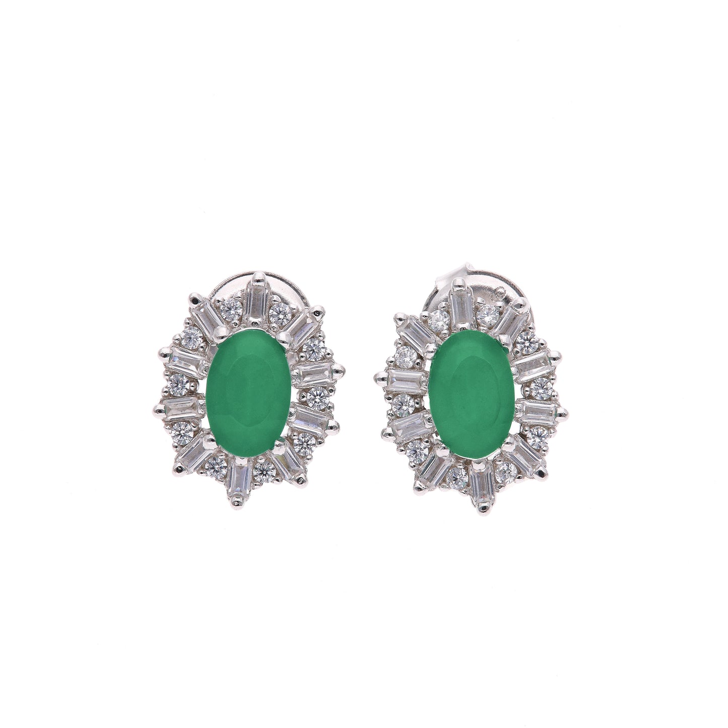 Broquel Plata Ley 925 con Rodio y Zirconia AAA Color Verde Esmeralda y Blanco Ovalado