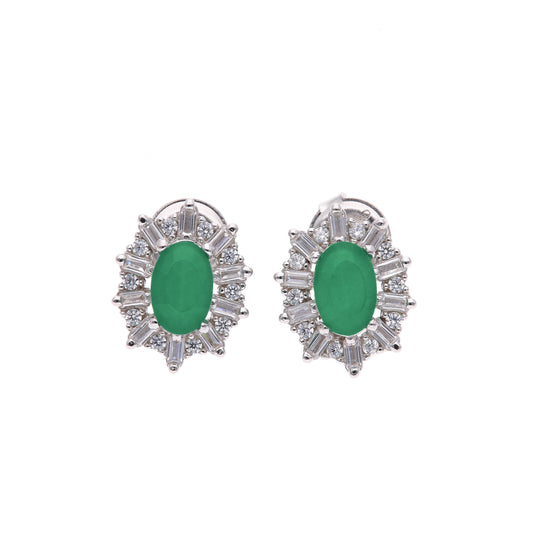 Broquel Plata Ley 925 con Rodio y Zirconia AAA Color Verde Esmeralda y Blanco Ovalado