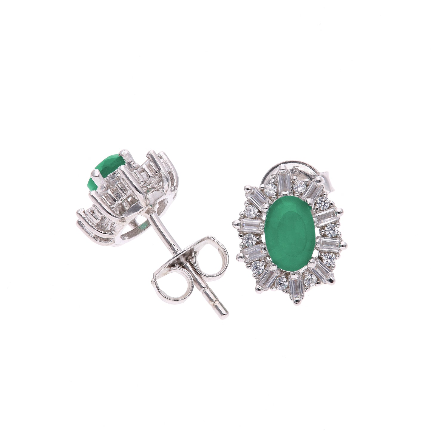 Broquel Plata Ley 925 con Rodio y Zirconia AAA Color Verde Esmeralda y Blanco Ovalado