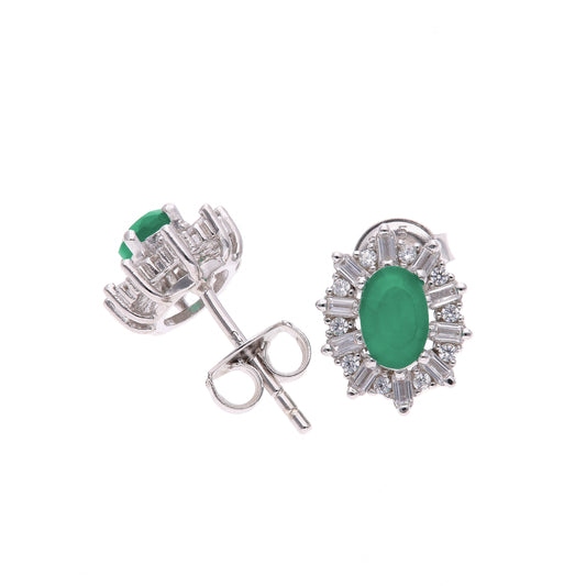 Broquel Plata Ley 925 con Rodio y Zirconia AAA Color Verde Esmeralda y Blanco Ovalado