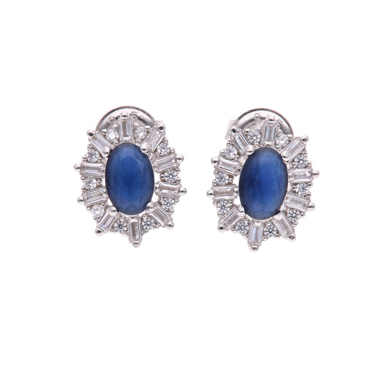 Broquel Plata Ley 925 con Rodio y Zirconia AAA Color Azul Zafiro y Blanco Ovalado