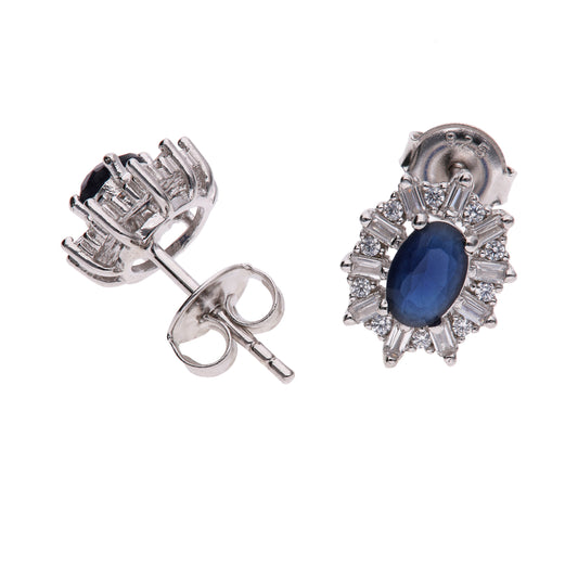 Broquel Plata Ley 925 con Rodio y Zirconia AAA Color Azul Zafiro y Blanco Ovalado
