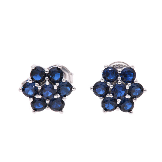 ARETES EN PLATA LEY .925, CON RODIO , ZIRCONIA AAA AZUL ZAFIRO Y BLANCO  , EN FORMA DE FLOR