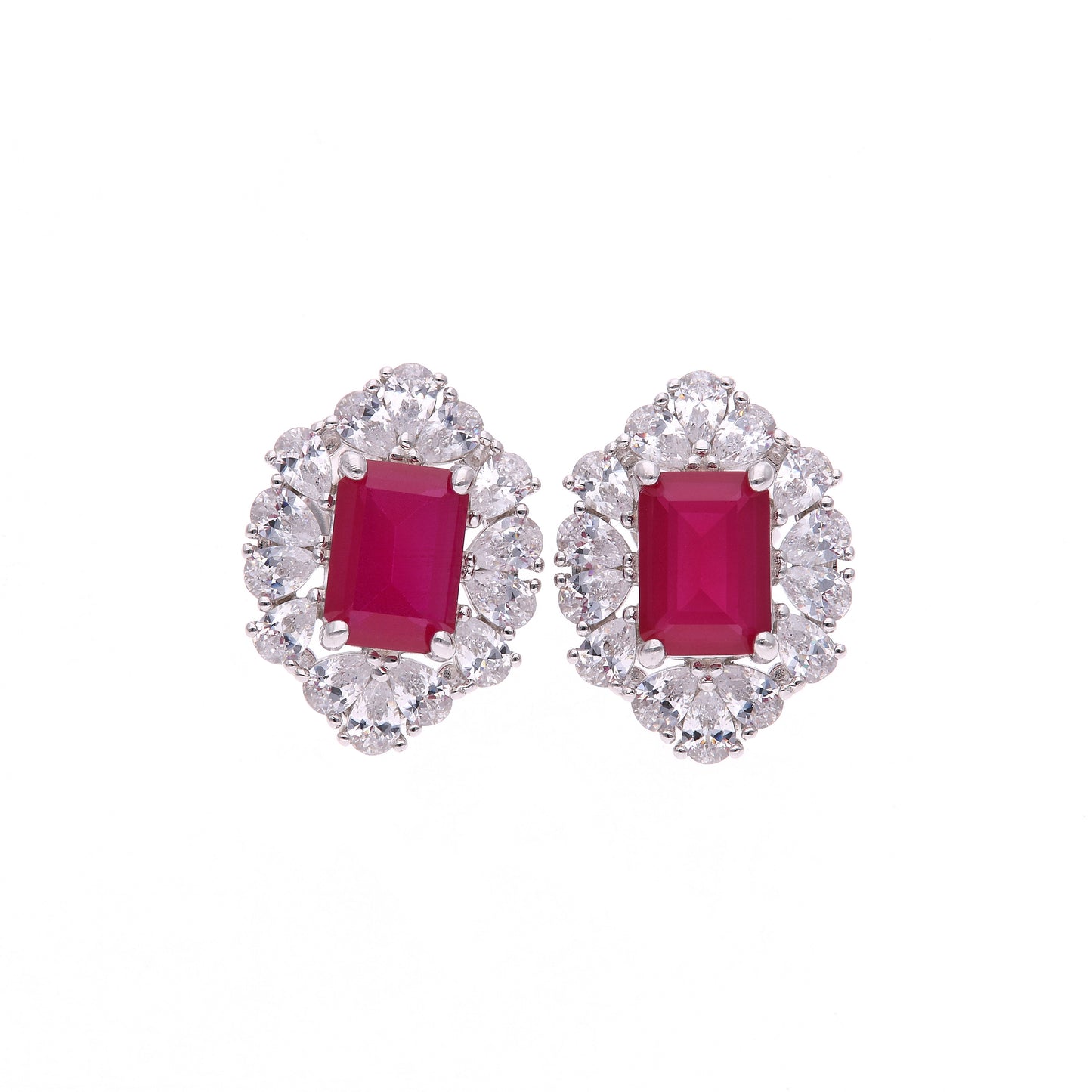 Broquel Plata Ley 925 con Rodio y Zirconia AAA Color Rojo Rubí y Blanco
