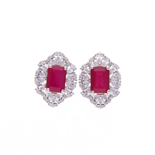 Broquel Plata Ley 925 con Rodio y Zirconia AAA Color Rojo Rubí y Blanco